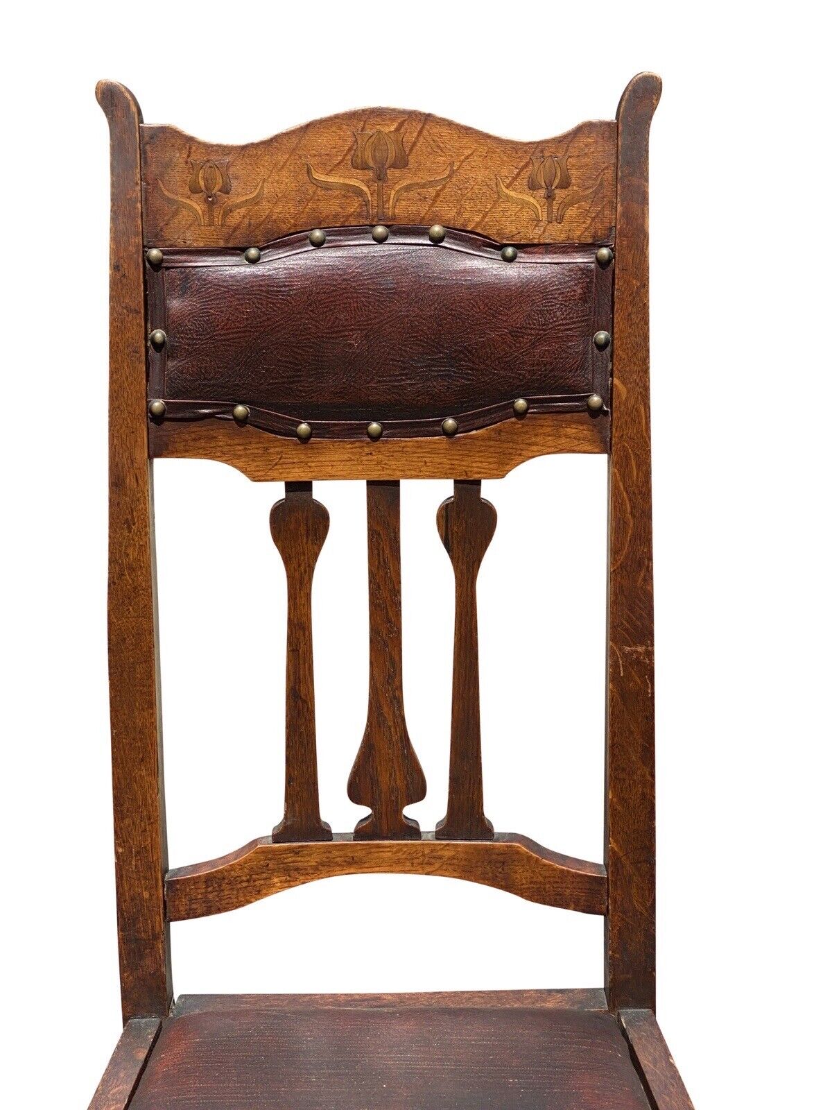 Set of Six Arts & Crafts Mission Oak Dining Chairs With Tulip Inlaid Crest Rails