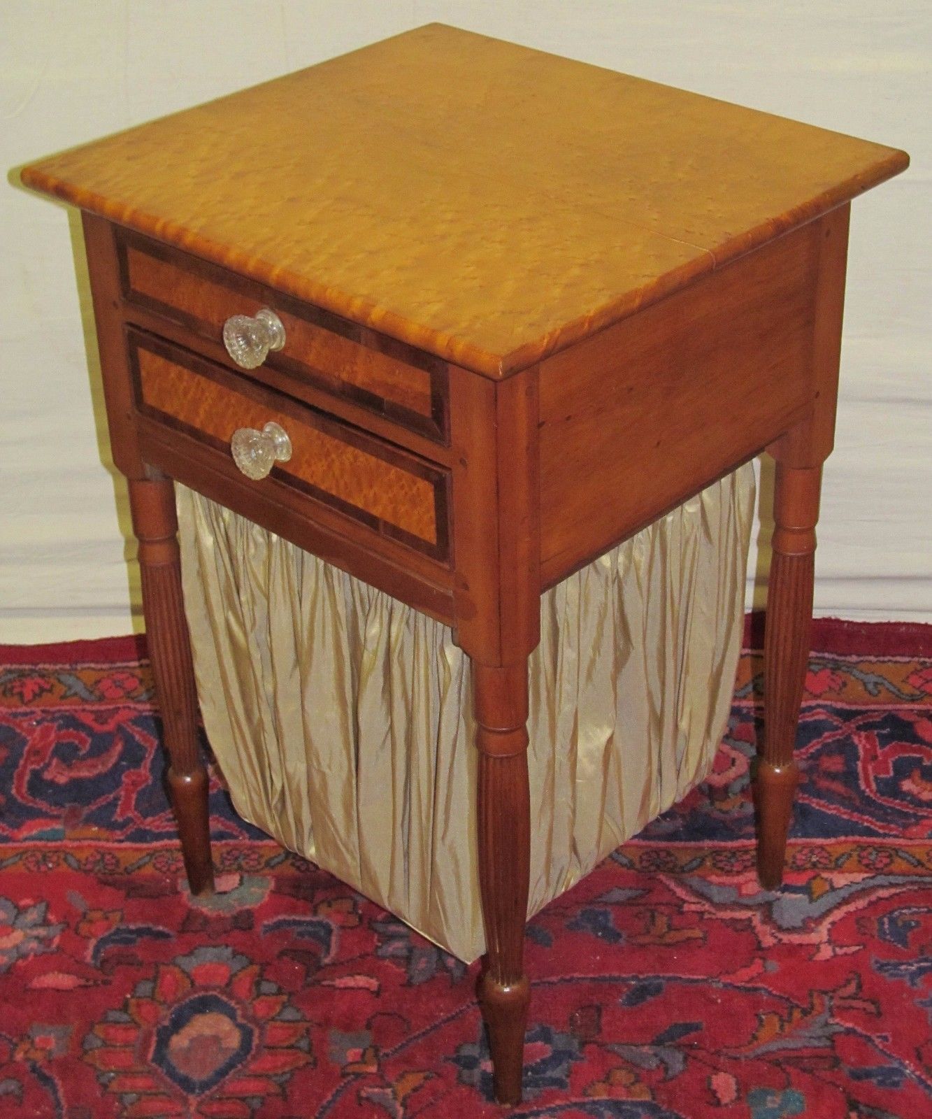 IMPORTANT FEDERAL PERIOD BIRDS EYE MAPLE SEWING TABLE W/ PLEATED FABRIC BAG-LOOK