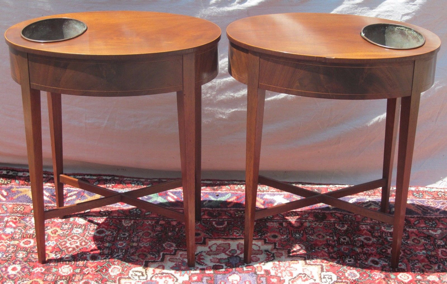 FEDERAL STYLED MAHOGANY PLANTER OVAL FORMED TABLES ON CROSS X STRETCHER BASES