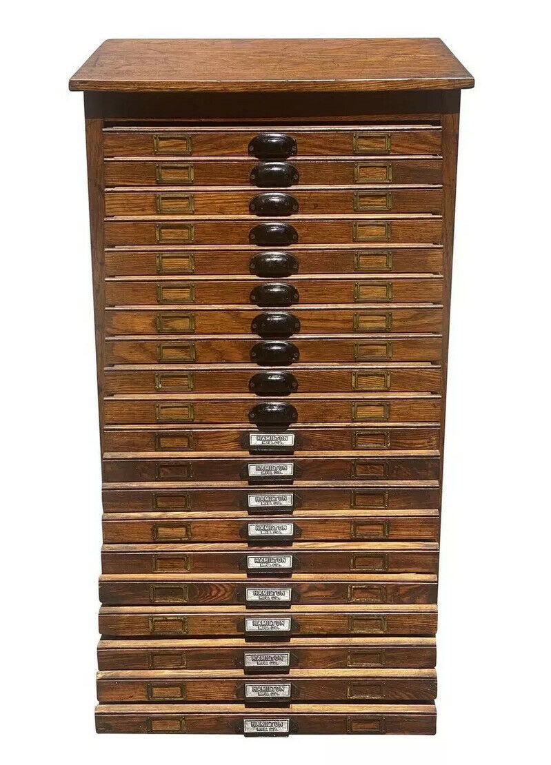19TH C ANTIQUE VICTORIAN OAK HAMILTON MFG CO TYPE MAKER / PRINTERS FILE CABINET