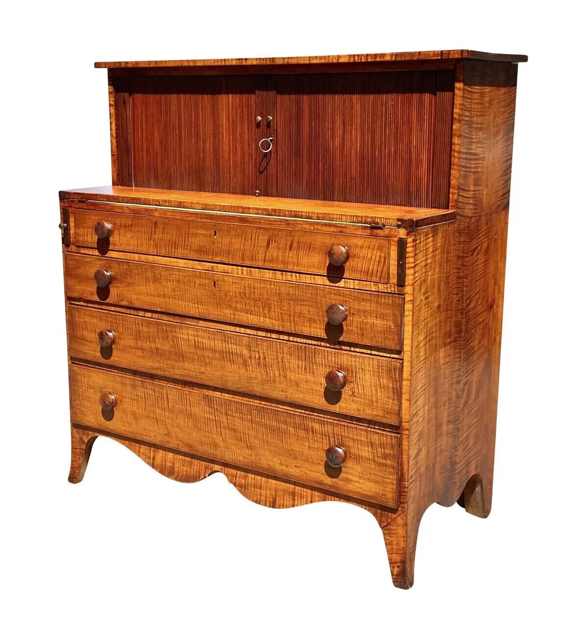 18TH C ANTIQUE NEW HAMPSHIRE TIGER MAPLE HEPPLEWHITE TAMBOUR SECRETARY DESK