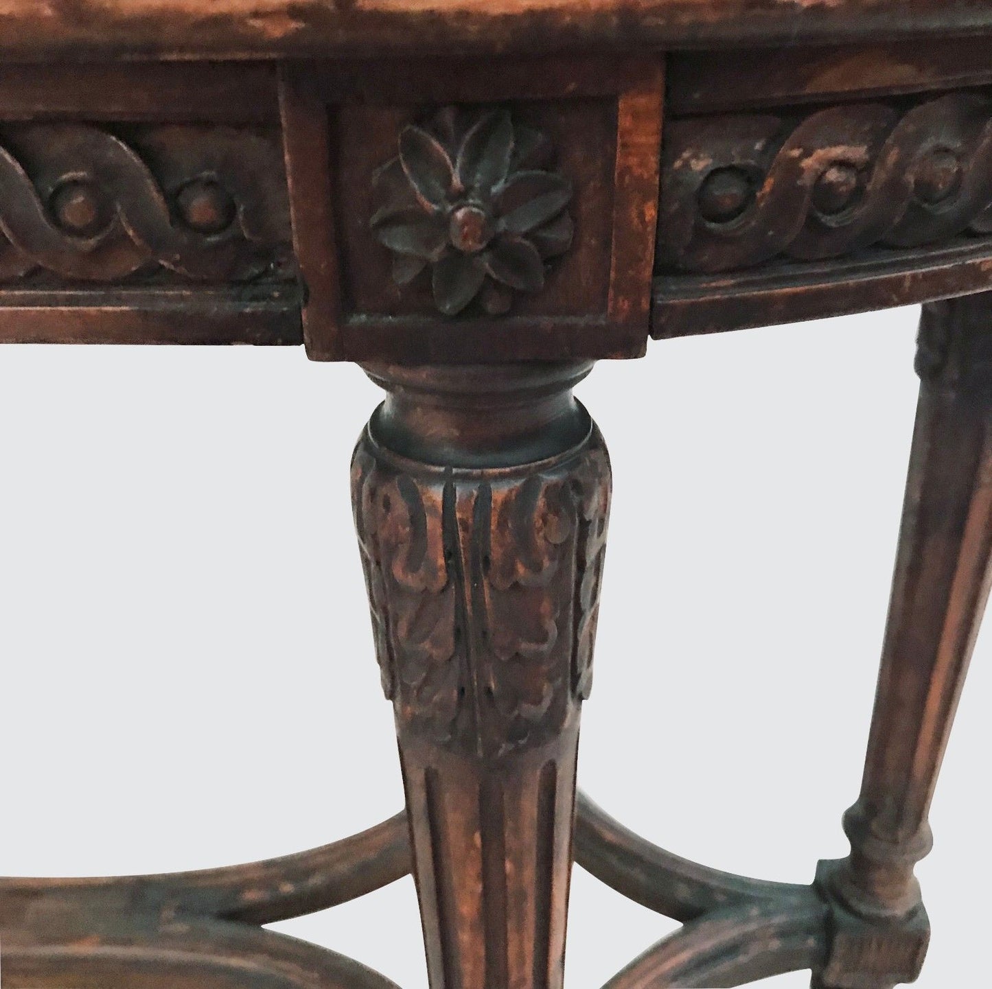 FRENCH STYLED CARVED OAK MARBLE TOPPED WINDOW BENCH TABLE