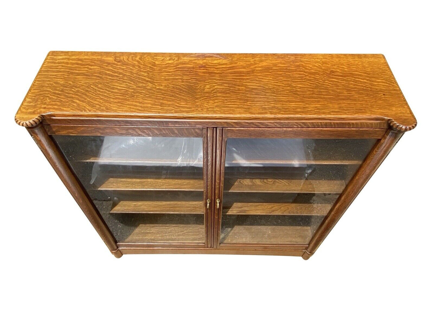 19th C Antique Victorian Tiger Oak Double Glass Door Bookcase / China Cabinet
