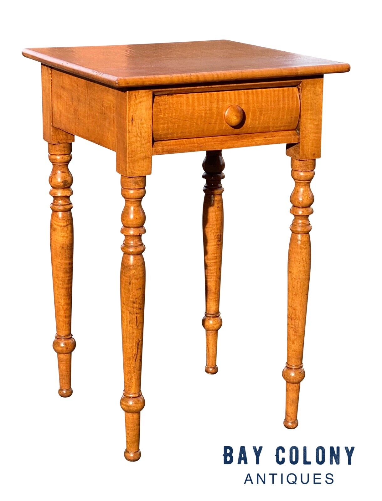 19th C Antique New England Sheraton Tiger Maple Single Drawer Stand / End Table