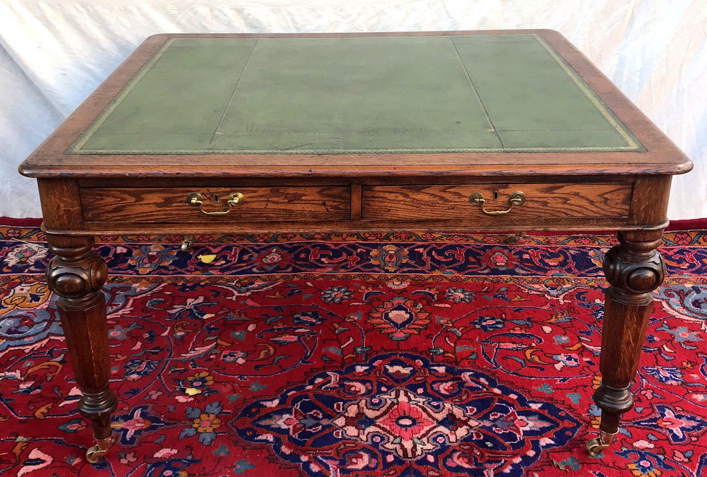 VICTORIAN OAK GOTHIC STYLE PARTNER'S DESK - OUTSTANDING GREEN LEATHER TOP