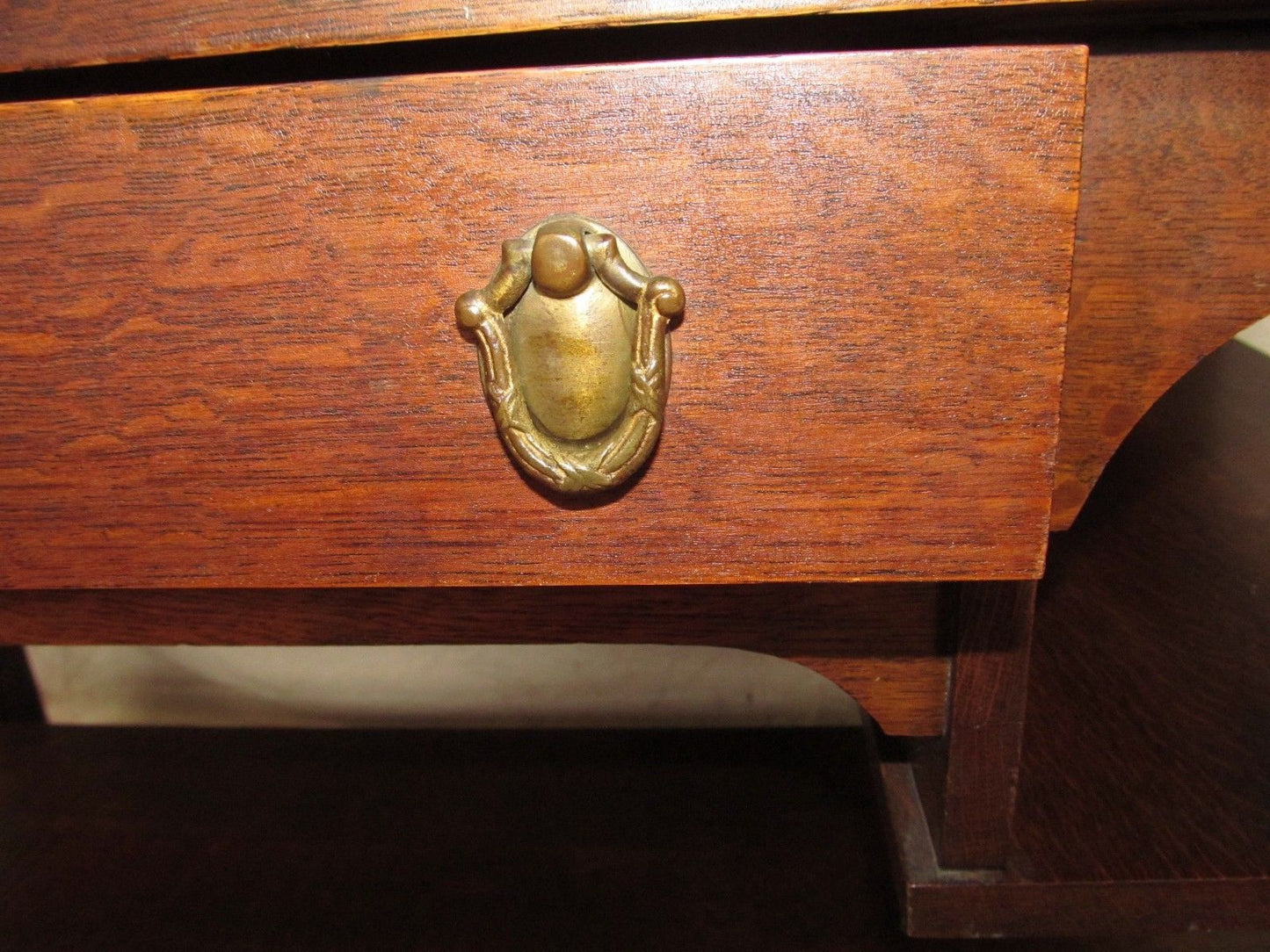RARE SIZED 48" MISSION OAK CRAFTSMAN DESK W/ ARTS & CRAFTS BRASS PULLS-NICE COND