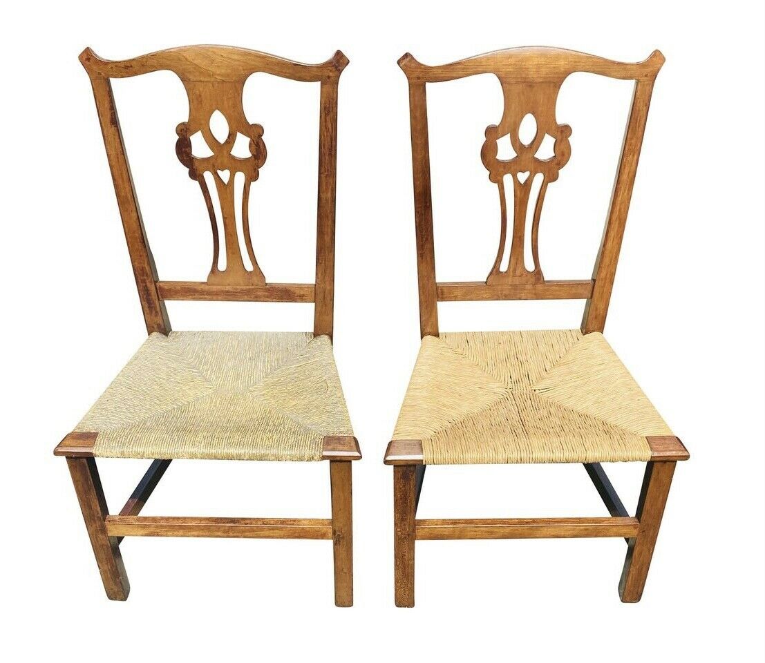 18th C Antique Pair Of Chippendale Side Chairs With Rush Seat & Heart Carving