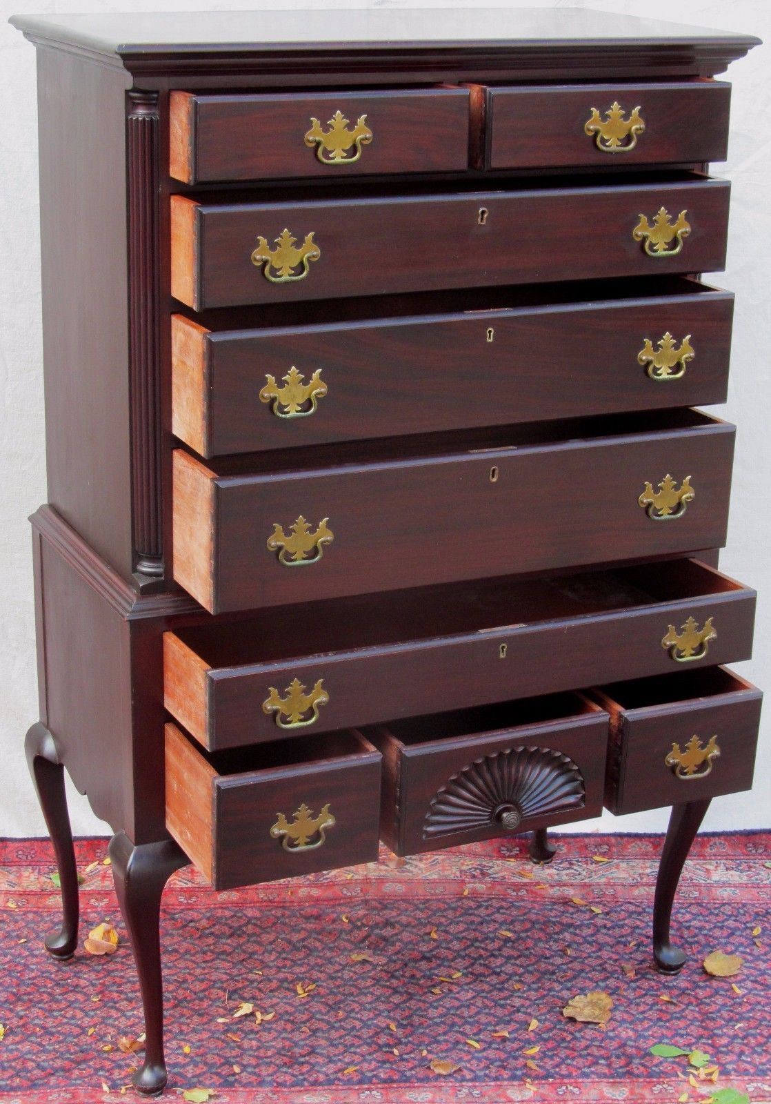 SOLID MAHOGANY CHEST OF CHEST FAN CARVED QUEEN ANNE STYLED HIGHBOY