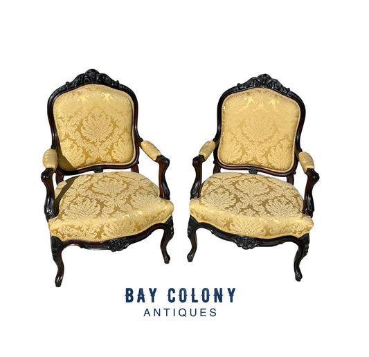 Pair of Louis Xiv Ebonized Rosewood Fauteuil a La Reine Arm Chairs in Satin Gold
