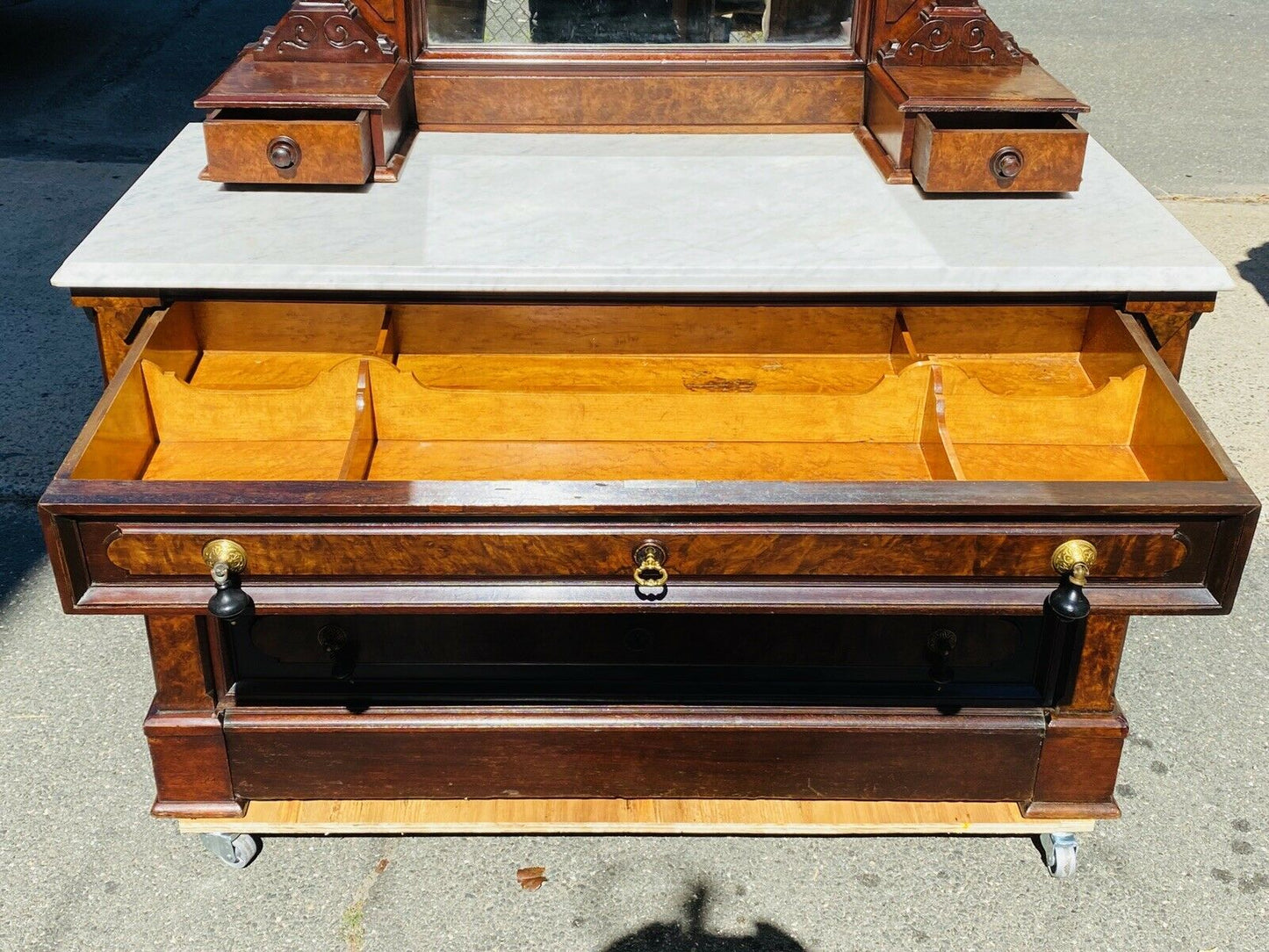19th C Antique Victorian Walnut Marble Top Dresser ~ Thomas Brooks ~ Nyc