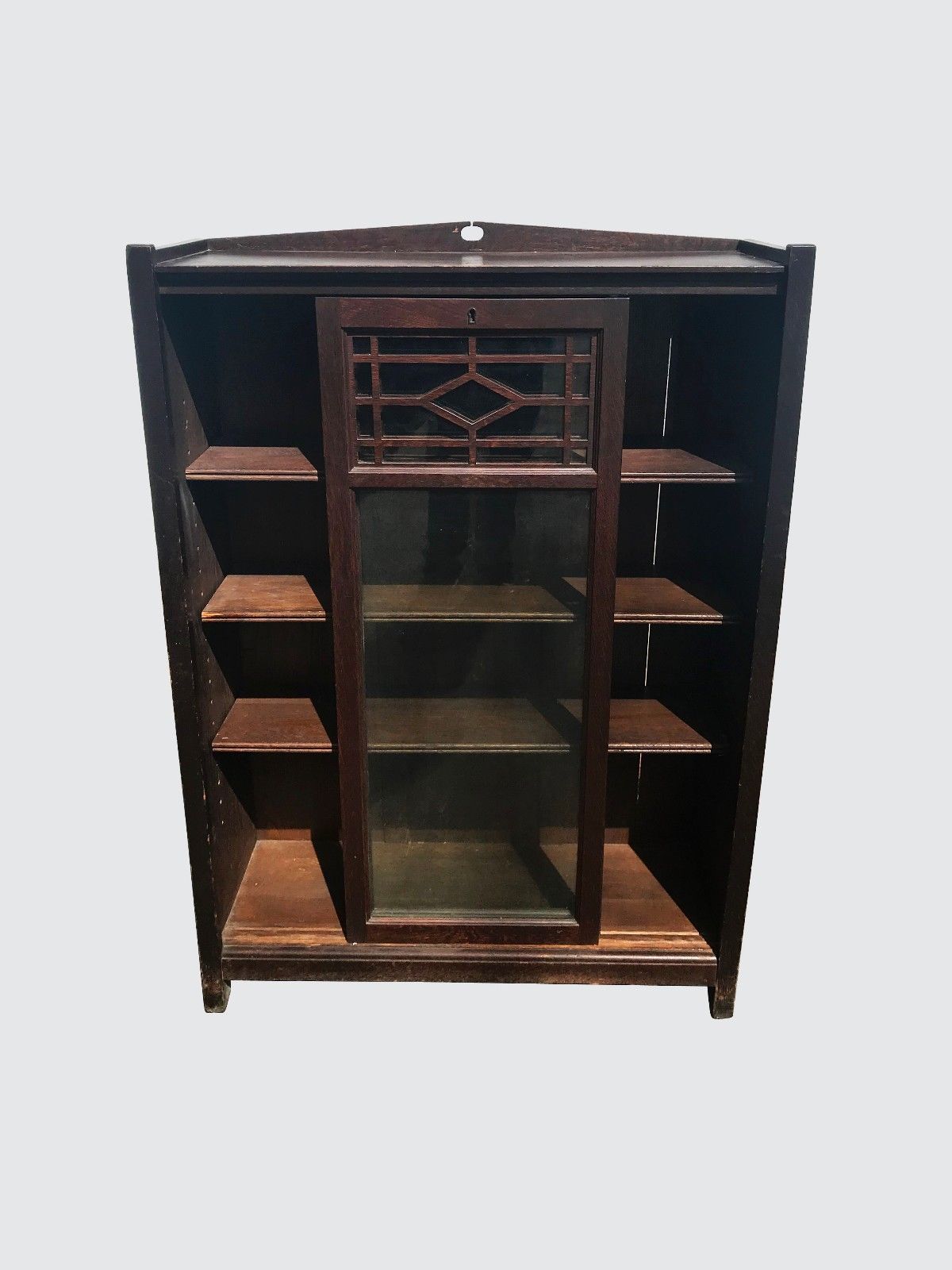 ANTIQUE ARTS & CRAFTS MISSION OAK SLIDING DOUBLE GLASS BOOKCASE W/ TENONED POST