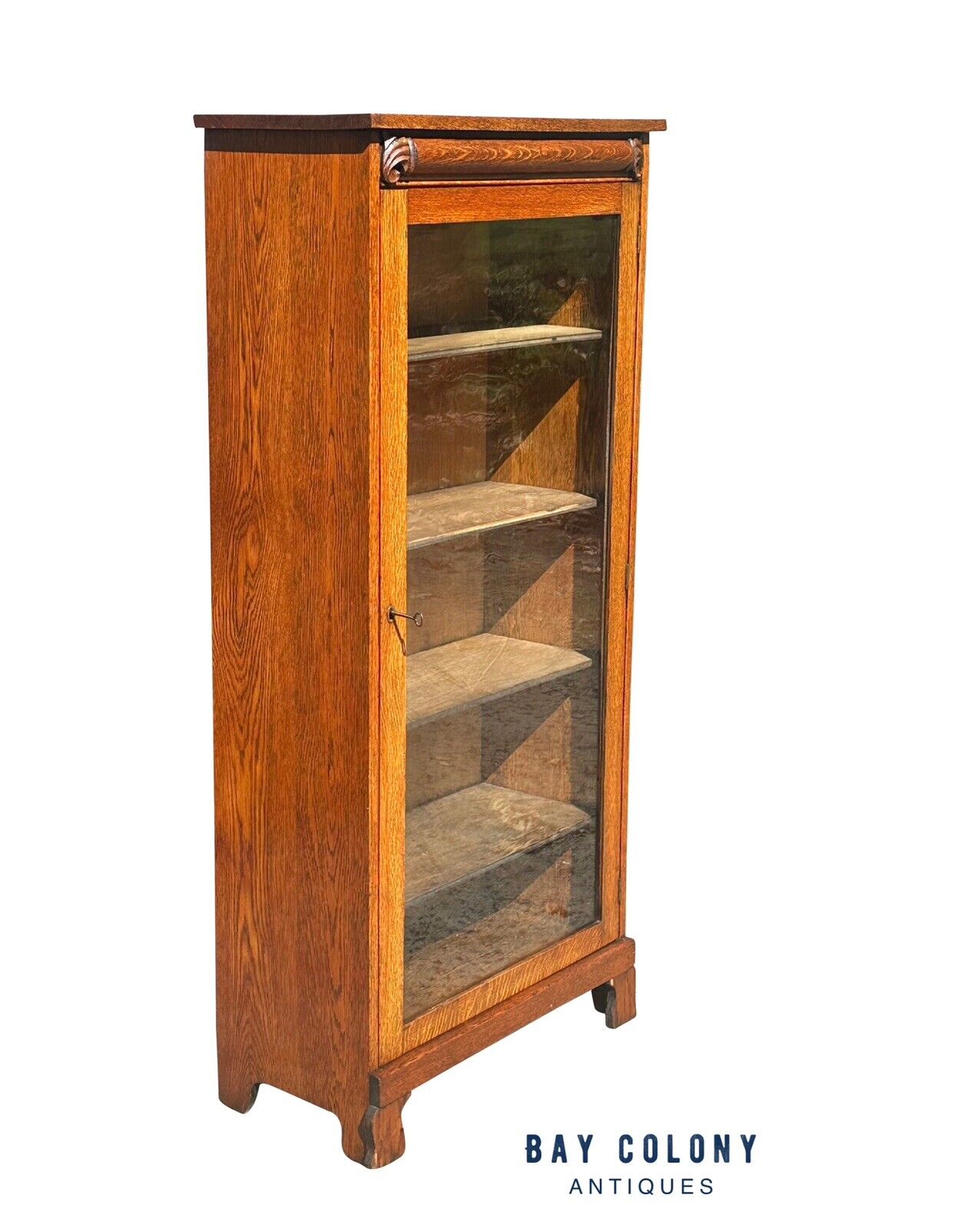 Antique Victorian Oak Carved Single Door Bookcase Cabinet With Adjusting Shelves
