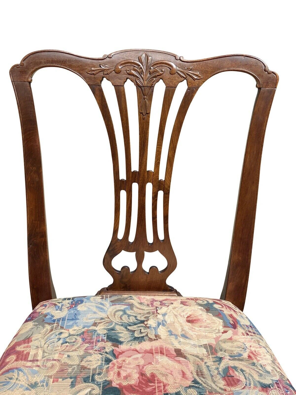 19TH C SET OF 8 ANTIQUE MAHOGANY CHIPPENDALE DINING CHAIRS W/ FLORAL SEATS