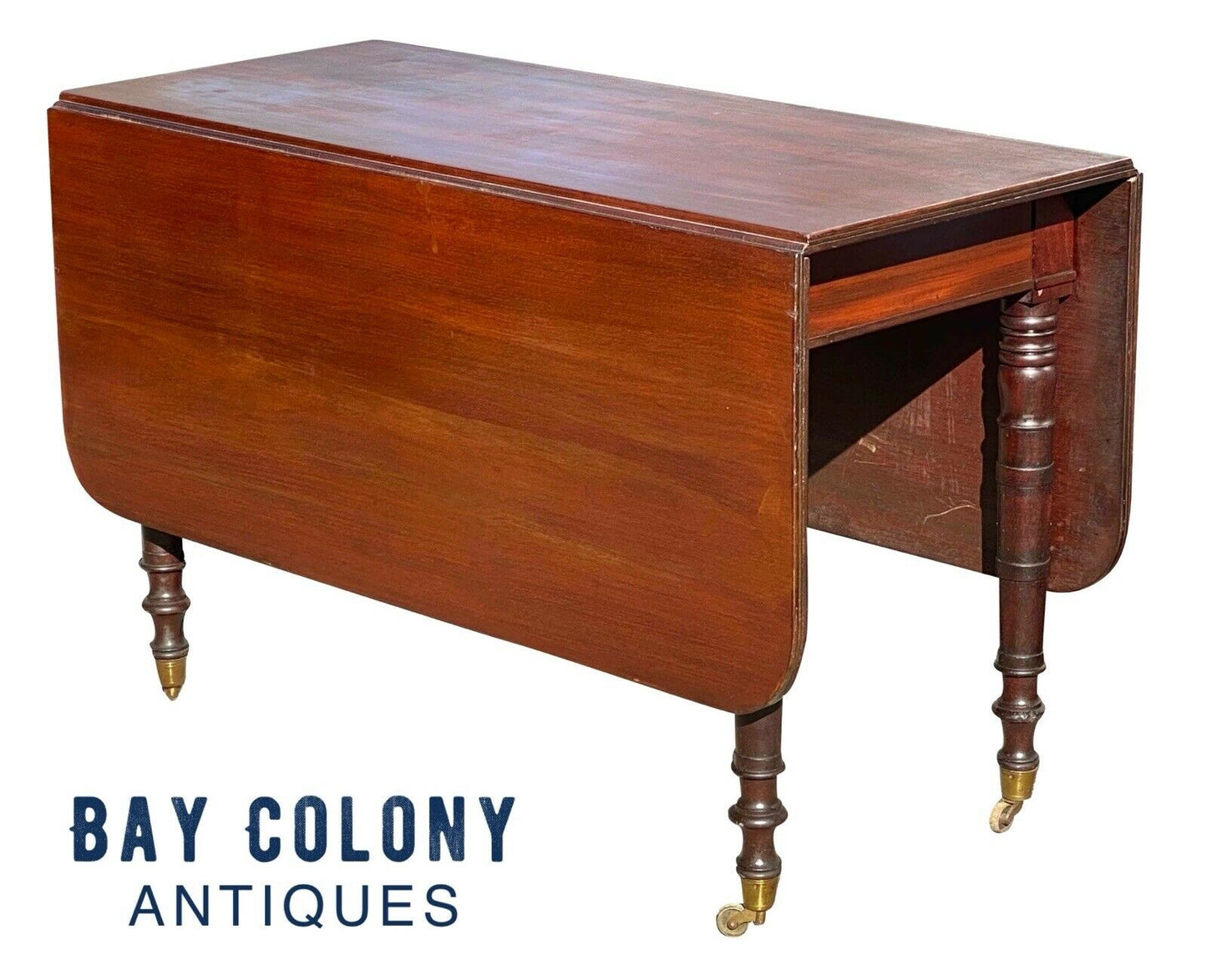 19th C Antique Sheraton Boston Mahogany Drop Leaf Dining Table