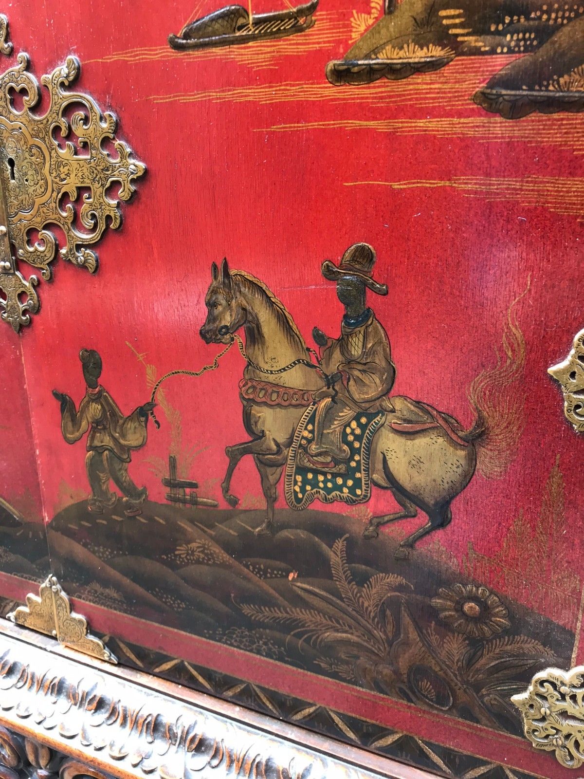 EXCEPTIONAL CHINOISERIE DESK ON CARVED FRAME SECRETARY DESK-SUPERIOR SPECIMEN