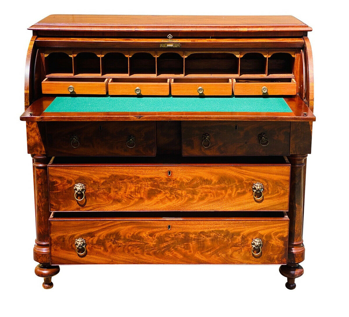 19TH C ANTIQUE FEDERAL PERIOD CLASSICAL MAHOGANY CYLINDER ROLL DESK