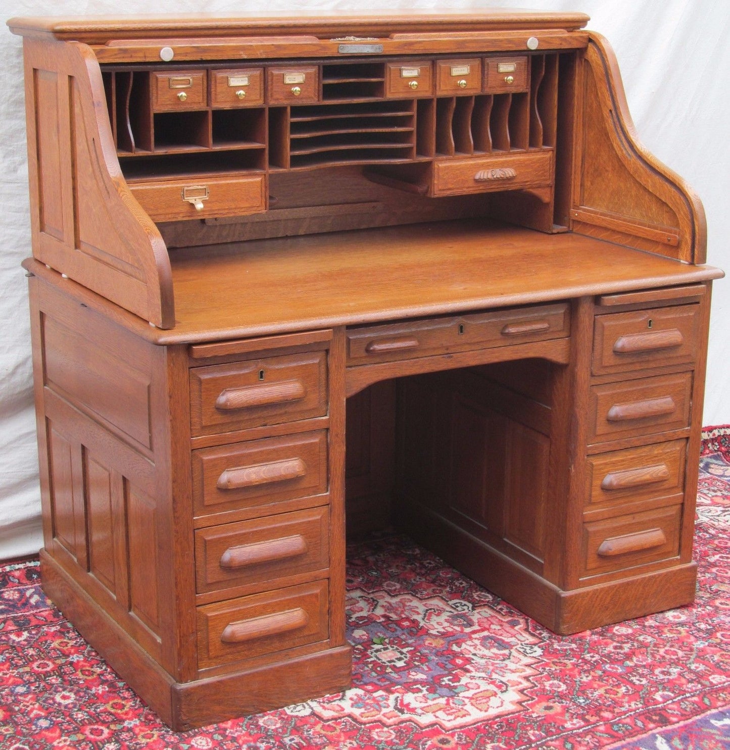 EXCELLENT VICTORIAN SOLID TIGER RAISED PANELED OAK S ROLL TOP DESK-TOP QUALITY!
