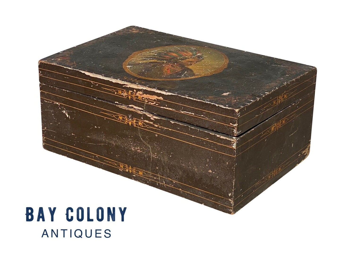 19th C Antique Folk Art Painted Document Box Depicting Native American War Chief