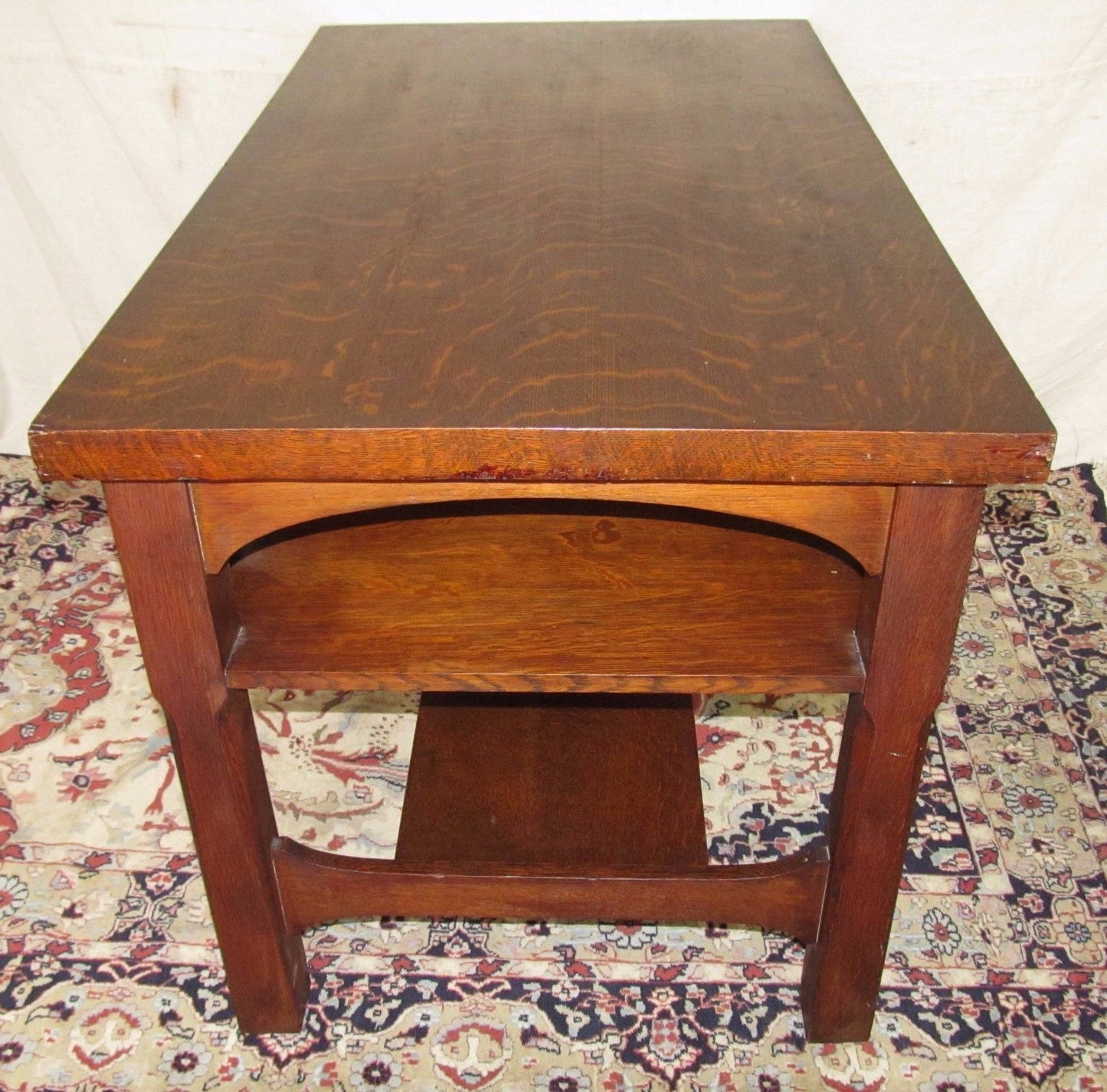 RARE SIZED 48" MISSION OAK CRAFTSMAN DESK W/ ARTS & CRAFTS BRASS PULLS-NICE COND