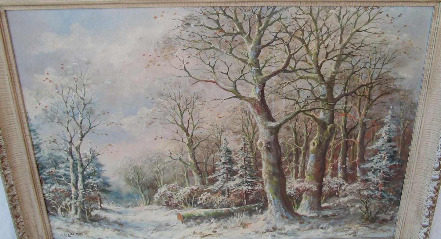EXCELLENT OIL ON CANVAS LANDSCAPE OF FIRST SNOW ON TREES BY PV SCHAIKIR