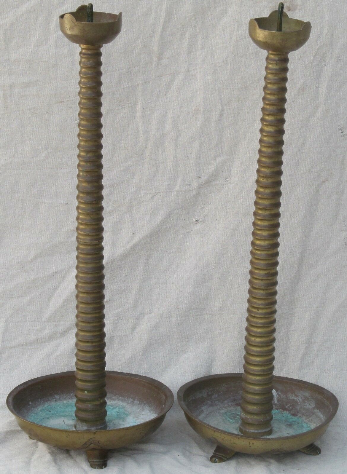 27" TALL MONUMENTAL ARTS & CRAFTS BRASS ANTIQUE CANDLESTICKS WITH FOOTED BASES