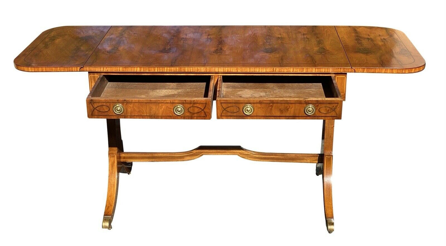 20TH C REGENCY ANTIQUE STYLE ELM & SATINWOOD DROP LEAF SOFA TABLE / DESK