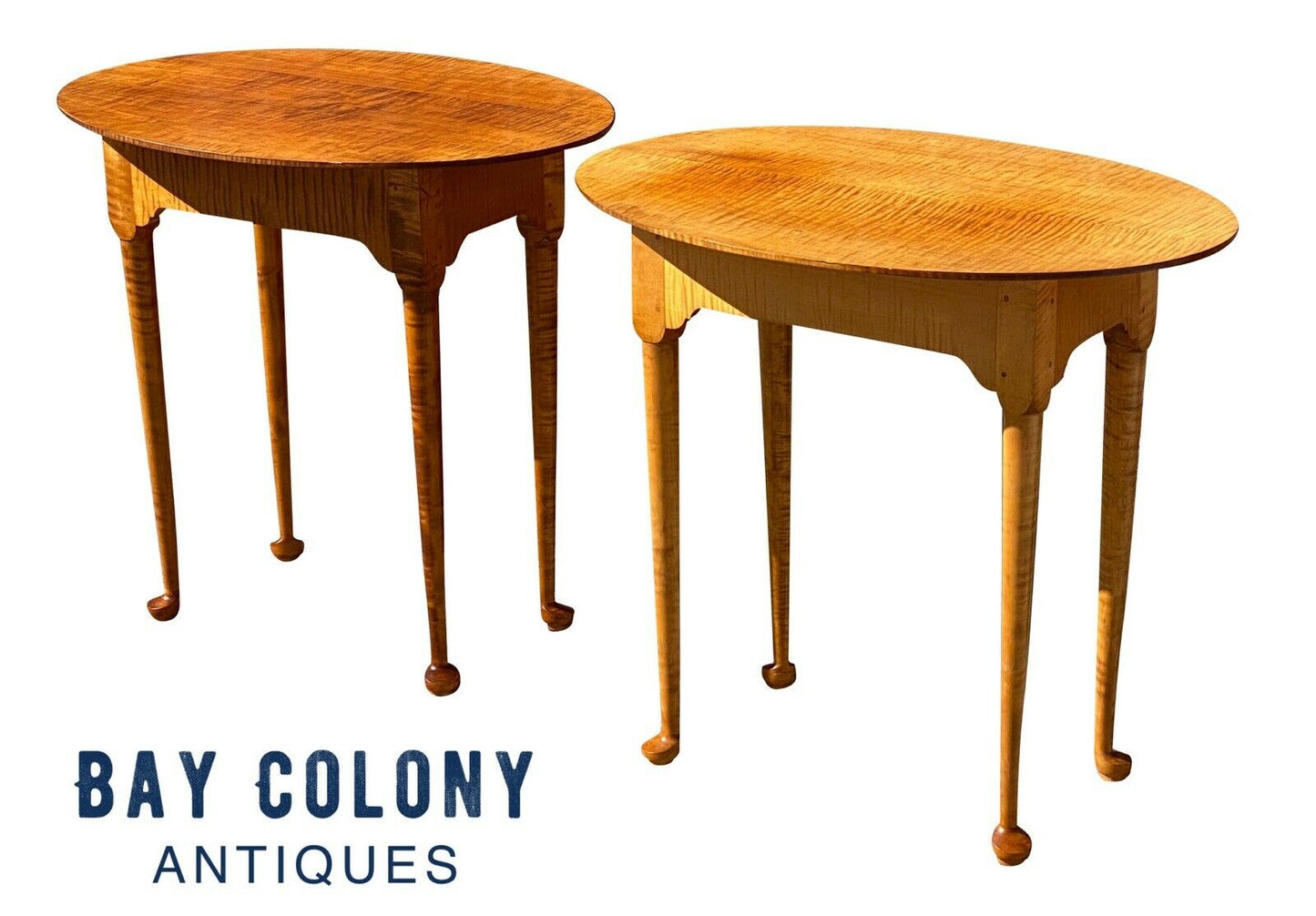 20th C Queen Anne Antique Style Pair of Tiger Maple End Tables / Nightstands