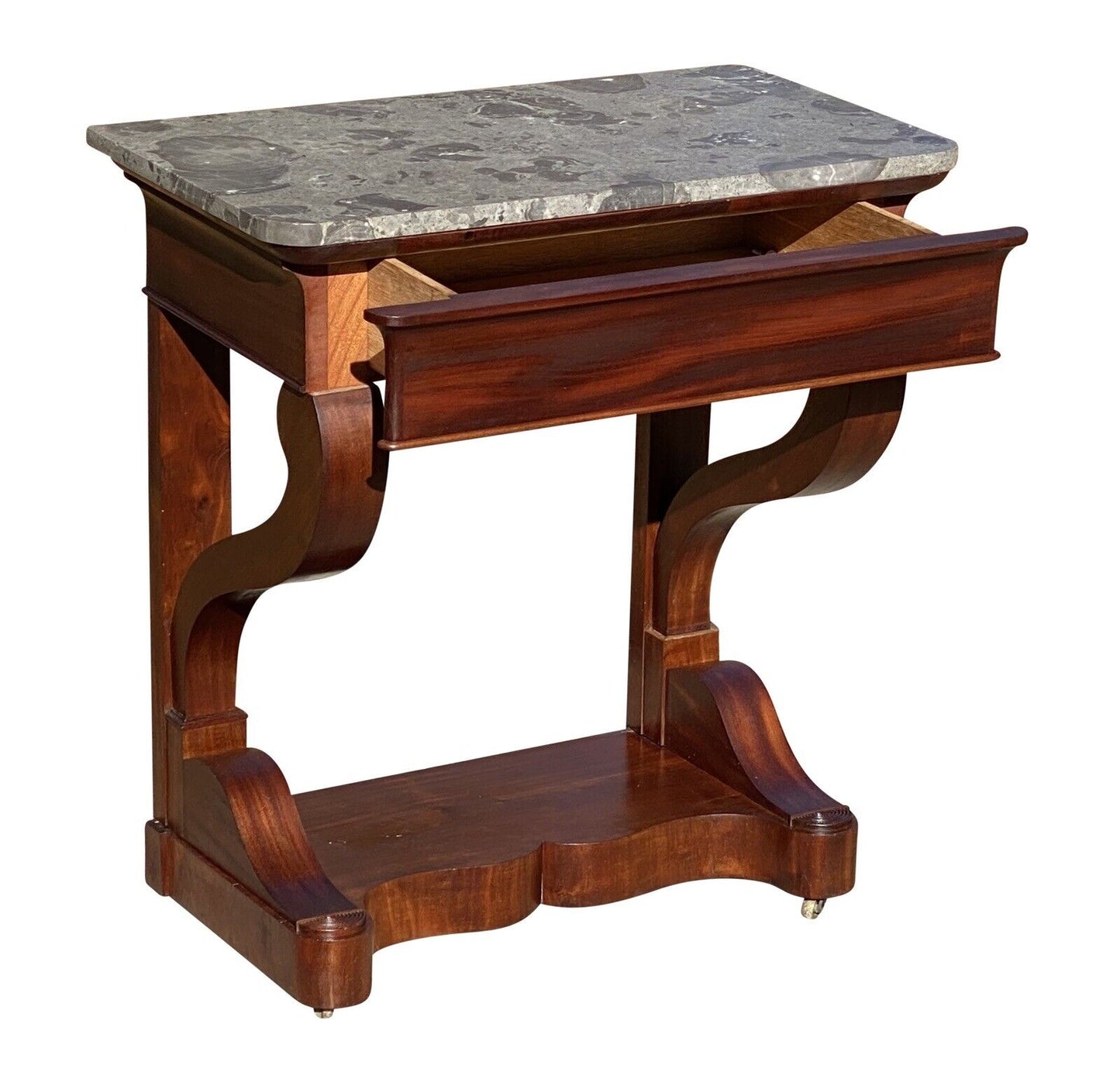 19th C Narrow Antique French Empire Mahogany Console Table With Granite Top