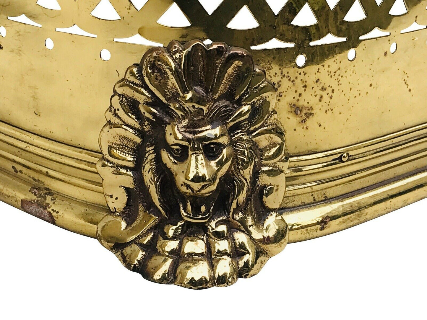 19TH C ANTIQUE BRASS REGENCY LION FOOT FIREPLACE FENDER