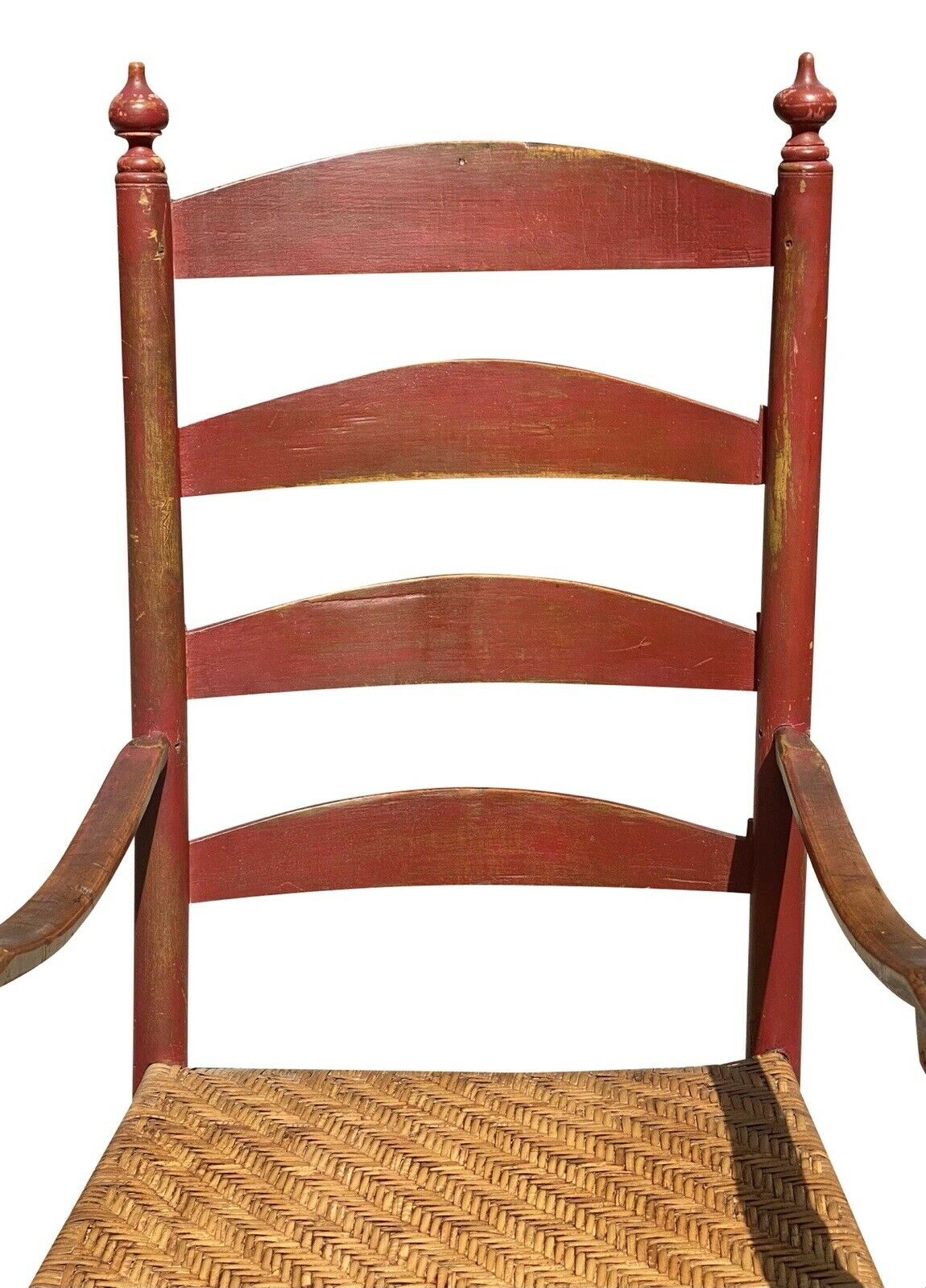 18TH C ANTIQUE QUEEN ANNE NEW ENGLAND LADDER BACK ARM CHAIR W/ SPLINT SEAT