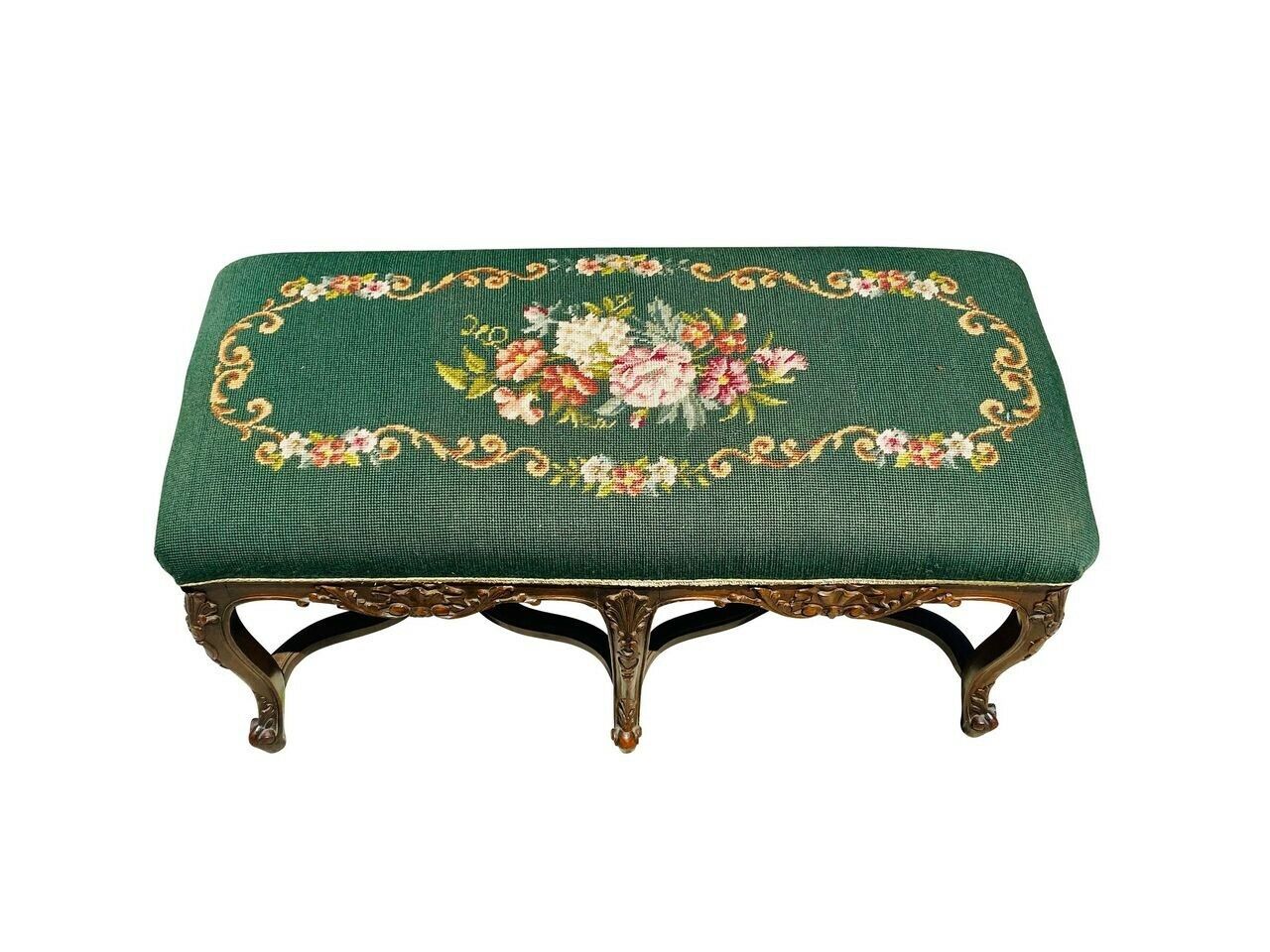 19TH C ANTIQUE FRENCH WALNUT WINDOW / VANITY BENCH W/ FLORAL NEEDLEPOINT SEAT