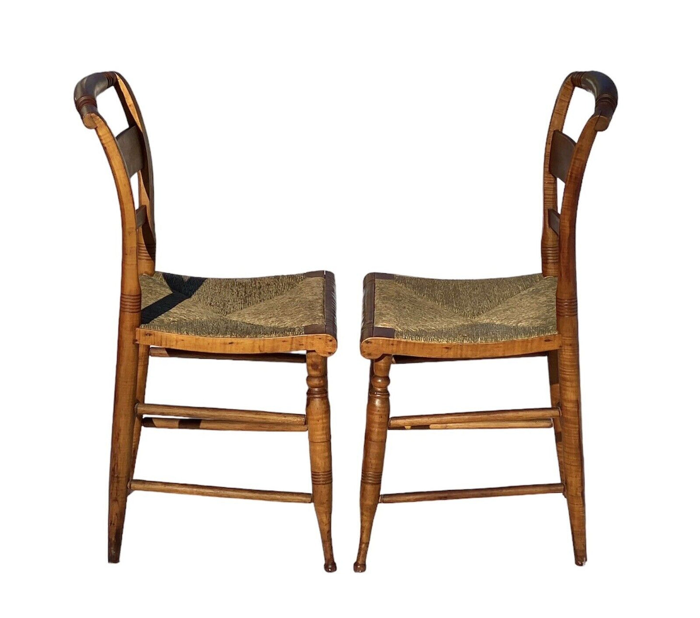 Antique Pair of Tiger Maple Side Chairs with Rush Seats