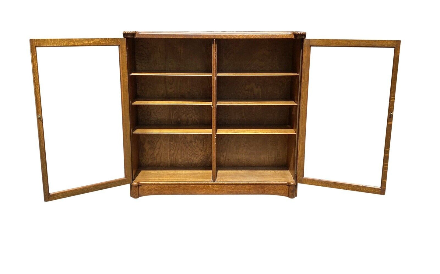 19th C Antique Victorian Tiger Oak Double Glass Door Bookcase / China Cabinet