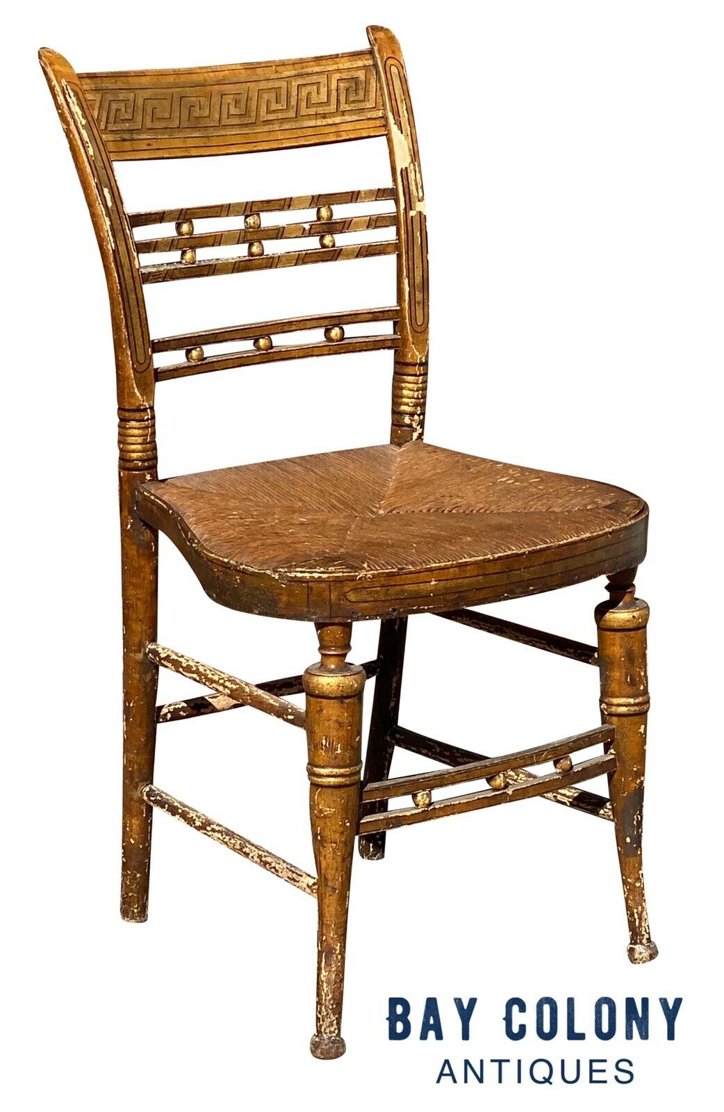 19th C Antique Sheraton Fancy Paint Thumb Back Chair W/ Rush Seat & Greek Key