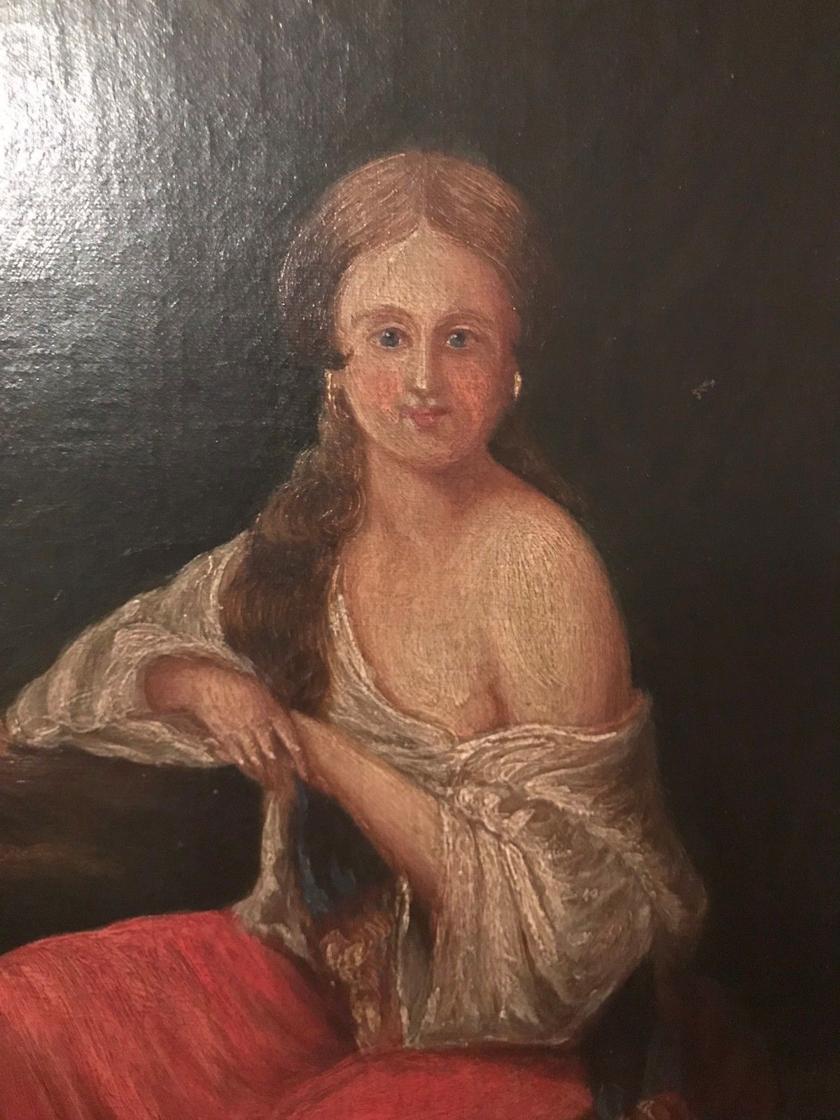 19TH CENTURY HUDSON RIVER VALLEY OIL ON CANVAS OF SEMI CLAD WOMAN IN MOONLIGHT