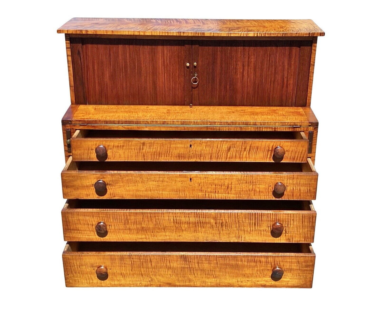 18TH C ANTIQUE NEW HAMPSHIRE TIGER MAPLE HEPPLEWHITE TAMBOUR SECRETARY DESK