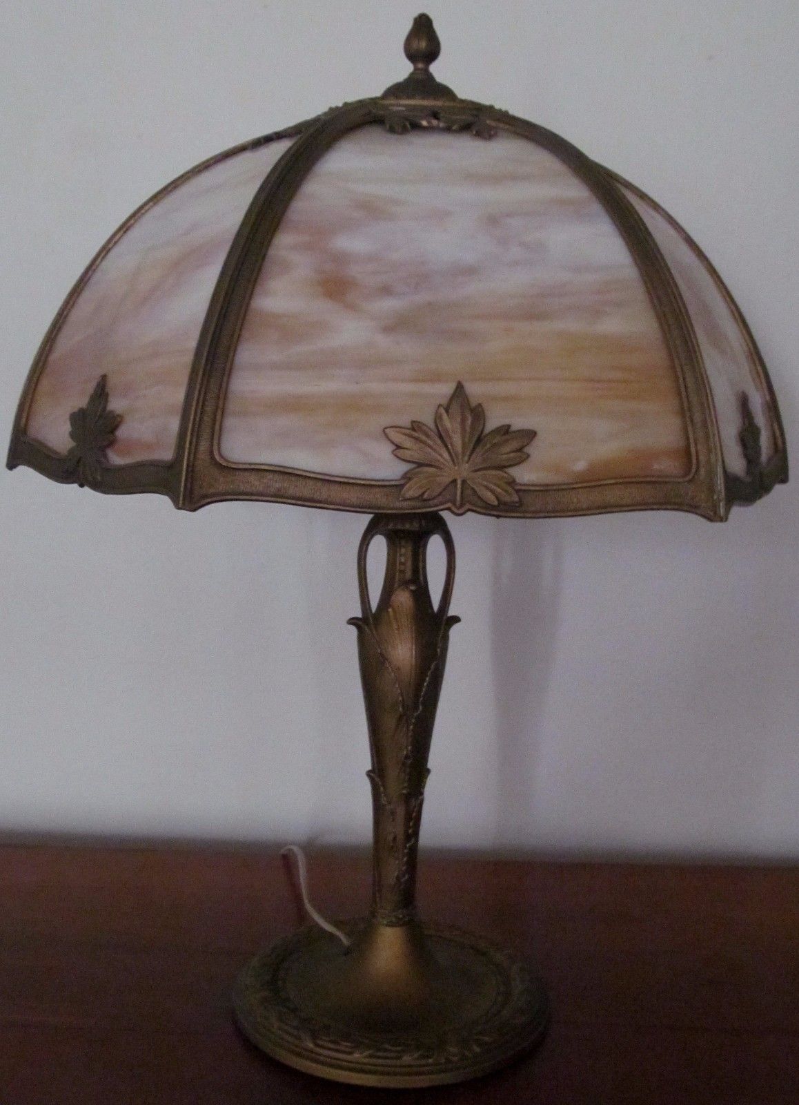 ARTS & CRAFTS MILLER TABLE LAMP WITH CARAMEL COLORED 6 PANEL FILIGREE SHADE
