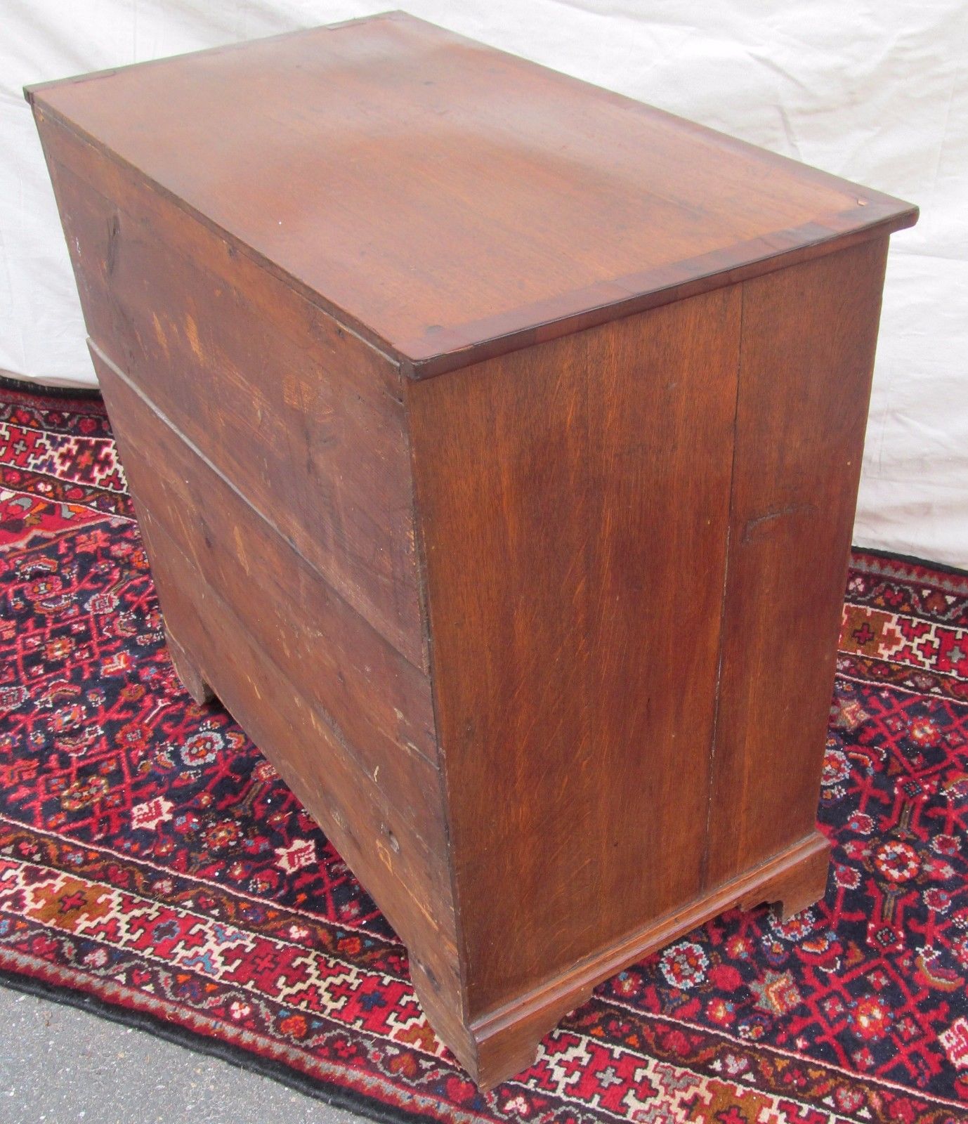 GEORGE III ENGLISH YEW WOOD CROSS BAND INLAID BACHELORS CHEST ON BRACKET BASE