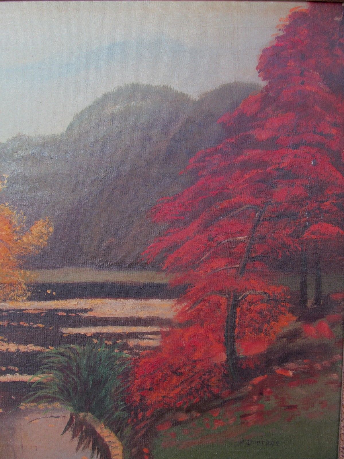 OIL ON CANVAS LANDSCAPE WITH SWANS ON LAKE