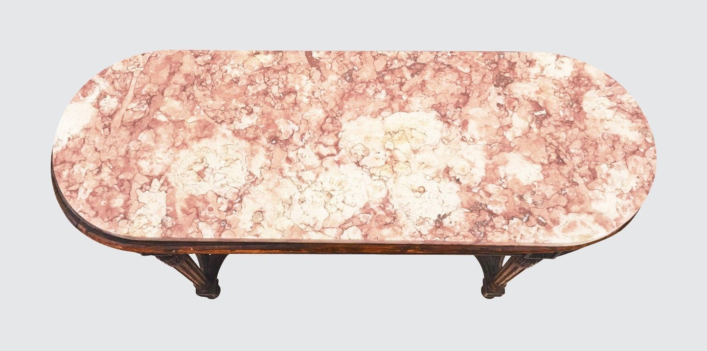 FRENCH STYLED CARVED OAK MARBLE TOPPED WINDOW BENCH TABLE