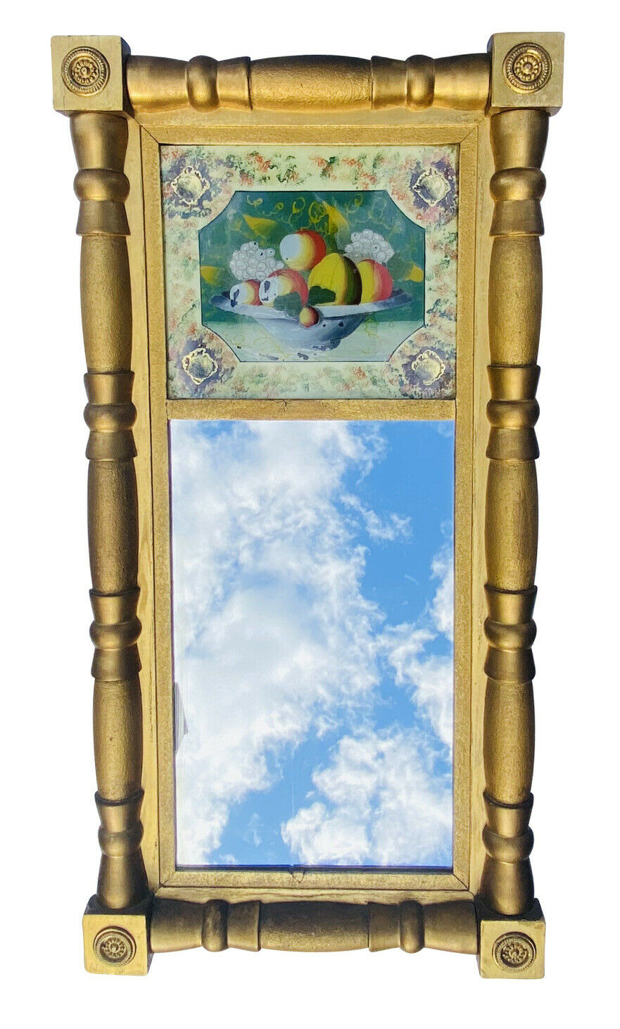 19TH C ANTIQUE SHERATON GOLD GILT MIRROR W/ REVERSE PAINTED BASKET OF FRUIT