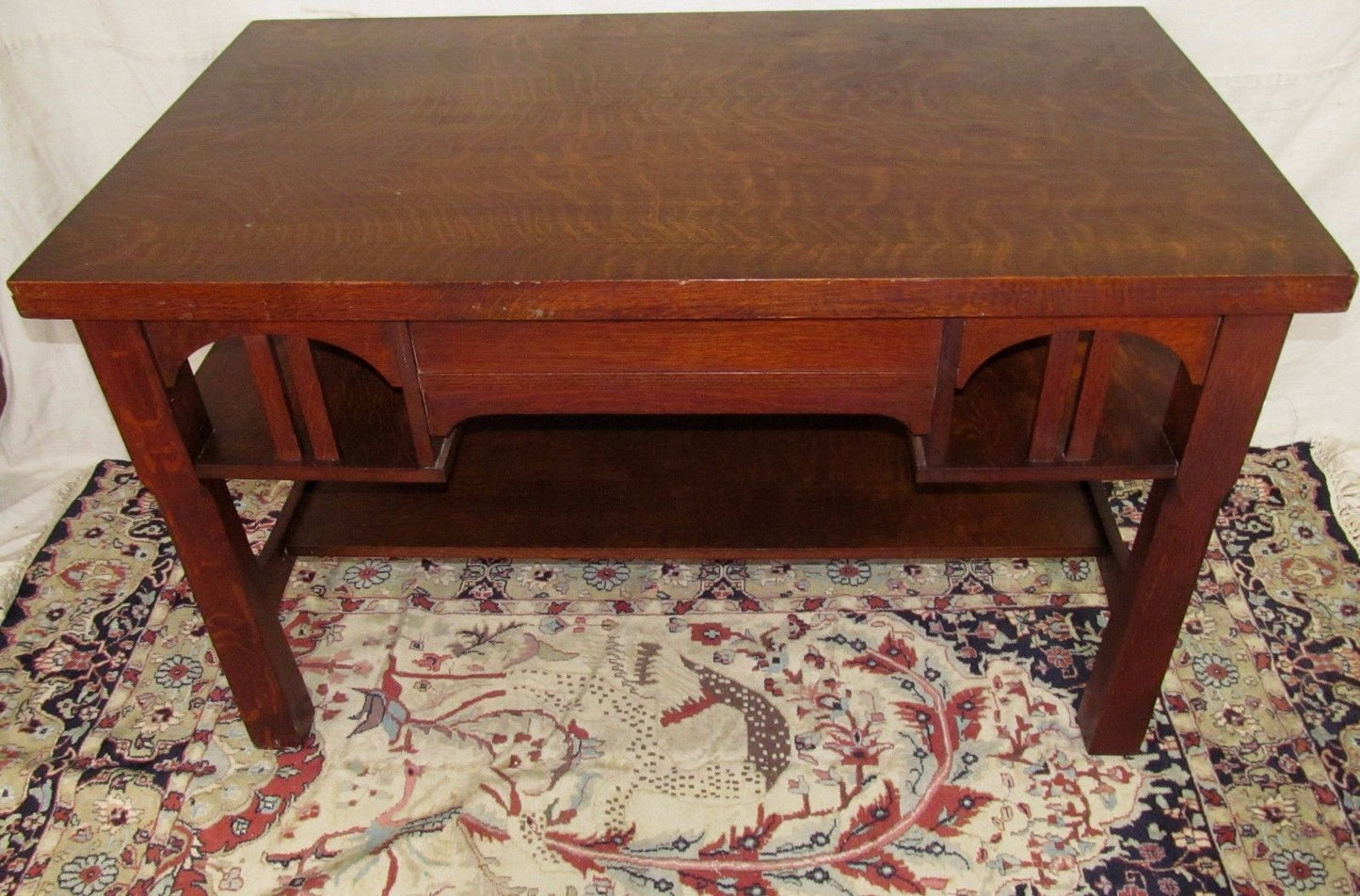 RARE SIZED 48" MISSION OAK CRAFTSMAN DESK W/ ARTS & CRAFTS BRASS PULLS-NICE COND