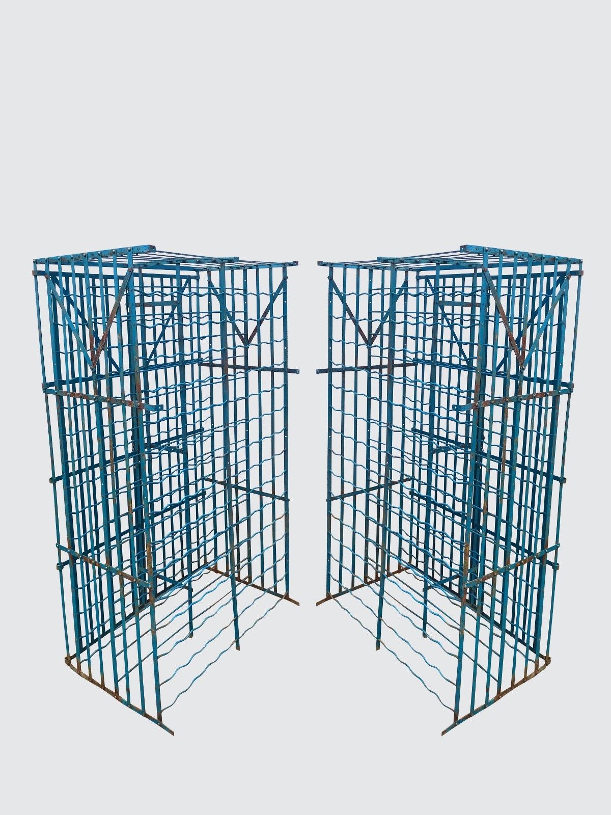 RARE & IMPORTANT PAIR FRENCH ART DECO ANTIQUE IRON WINE RACKS WITH LOCKING DOORS