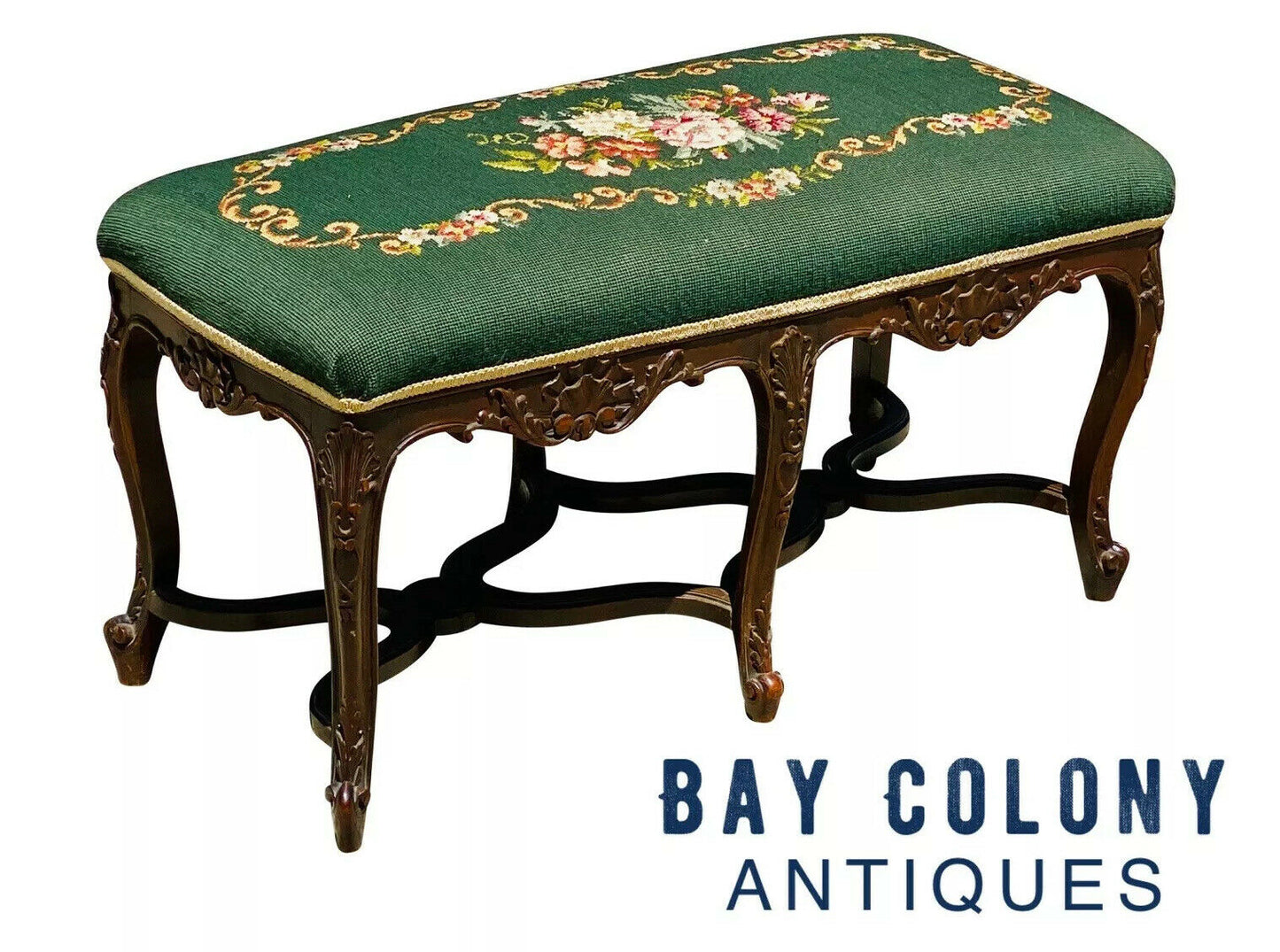 19TH C ANTIQUE FRENCH WALNUT WINDOW / VANITY BENCH W/ FLORAL NEEDLEPOINT SEAT