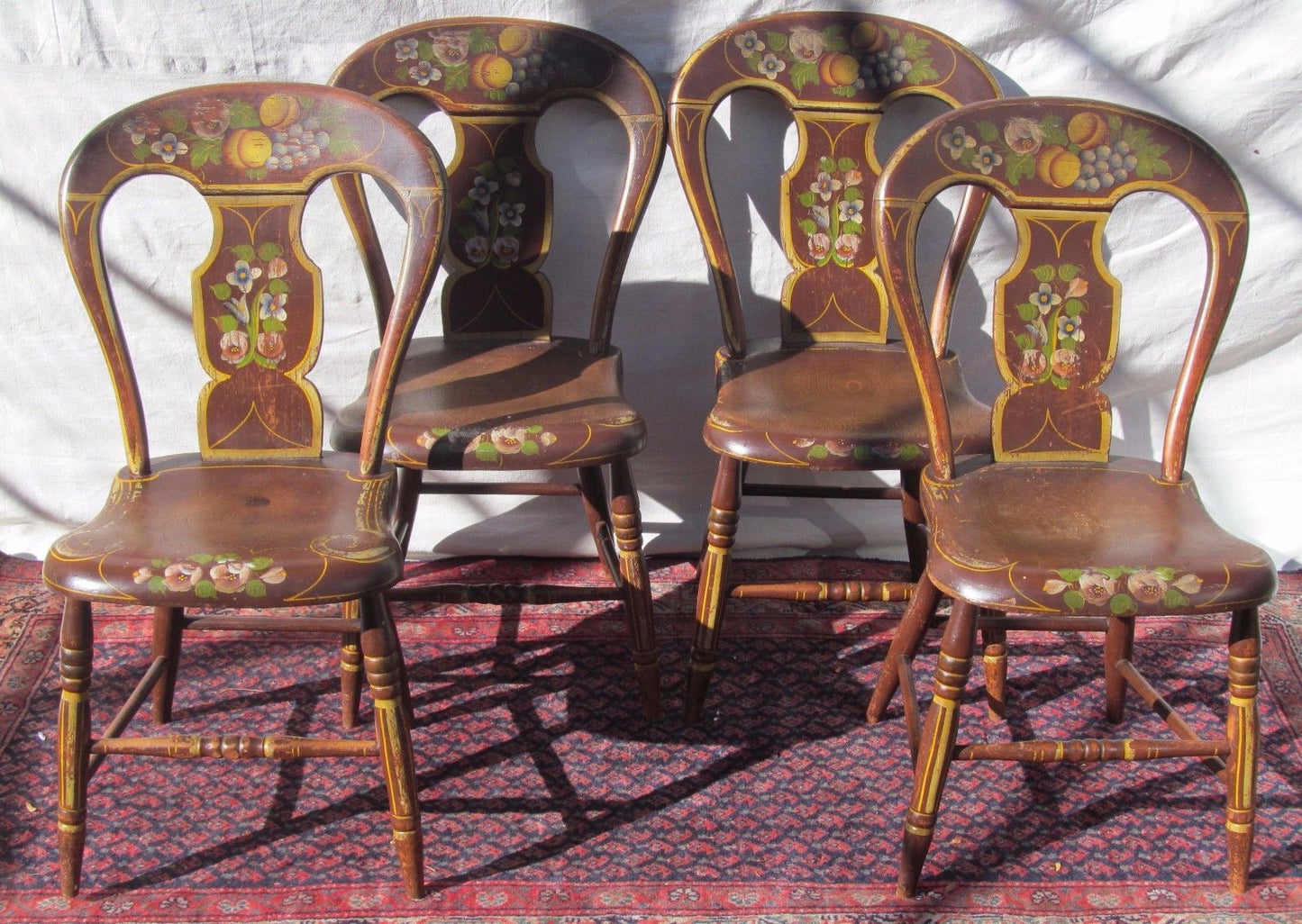 ANTIQUE WONDERFULLY PAINT DECORATED OHIO RIVER VALLEY SET OF FOUR CHAIRS