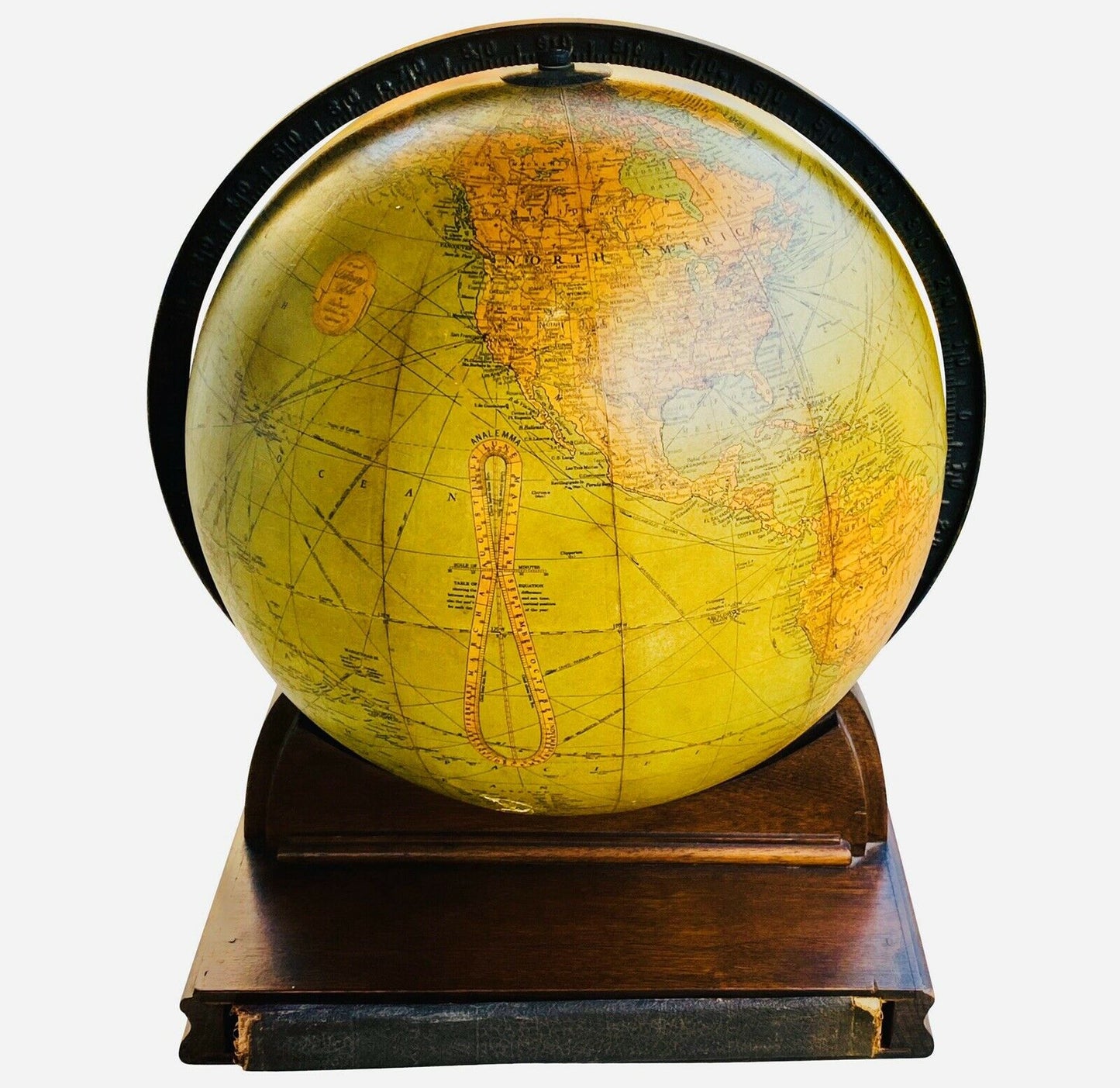 EARLY 20TH C ANTIQUE 1934 REPLOGLE 12 INCH GLOBE W/ ORIGINAL BOOK STORAGE BASE