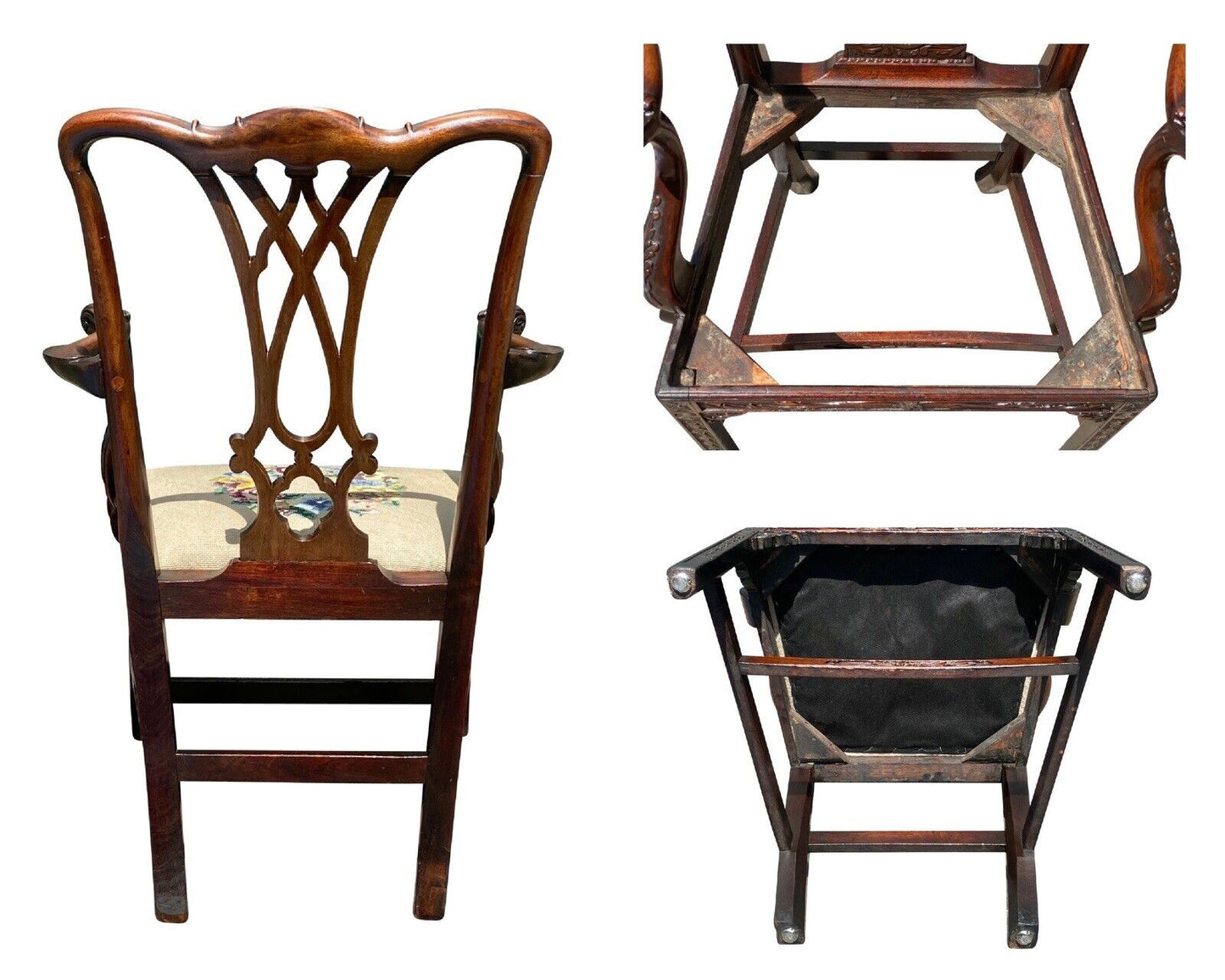 19th C Antique Chippendale Style Carved Mahogany Desk Chair W/ Needlepoint Seat