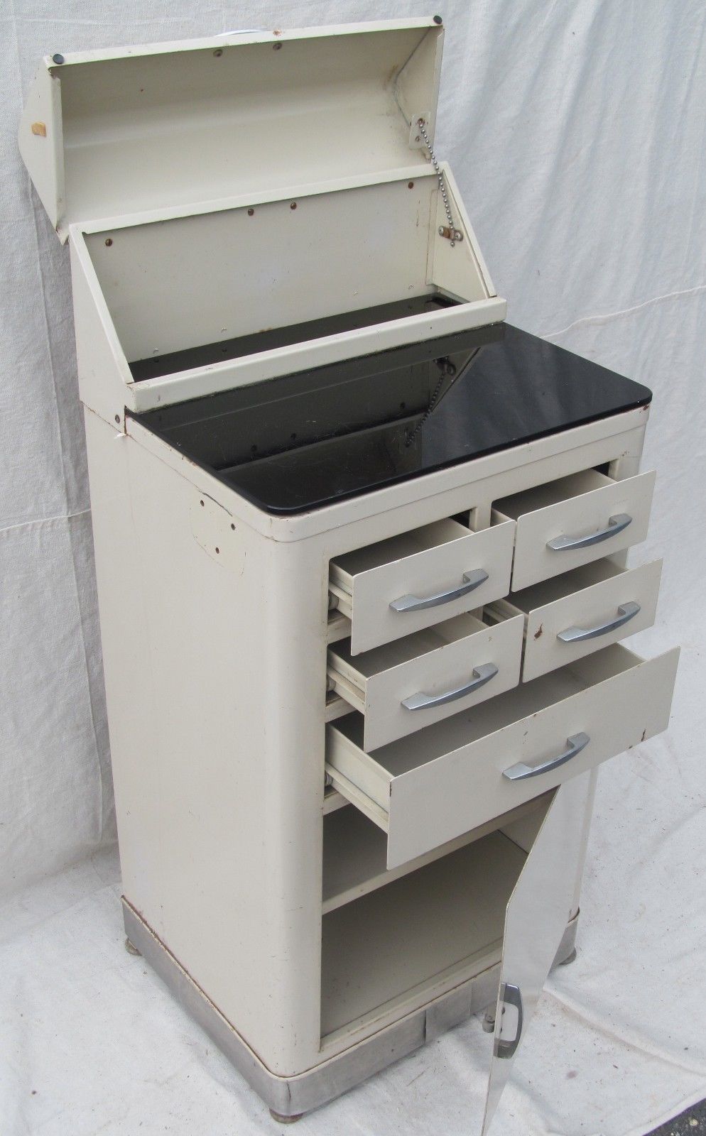 ART DECO ENAMELED MEDICAL CABINET WITH JET BLACK GLASS TOP BY CERTIFIED