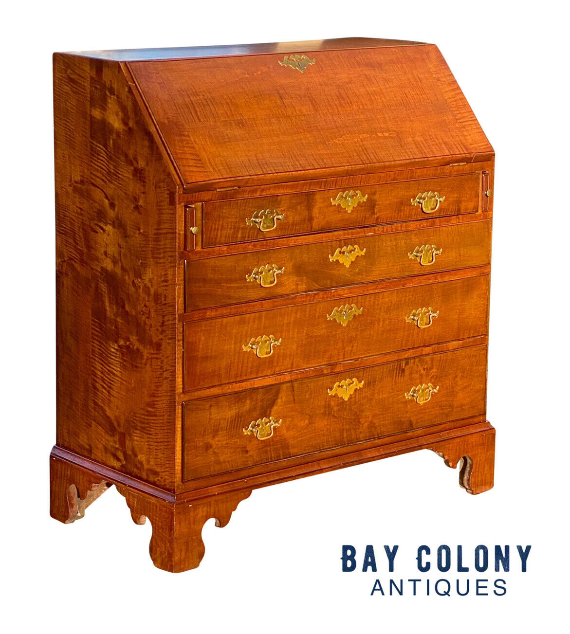 20th C Chippendale Antique Style Tiger Maple Slant Lid Desk With Hidden Drawer