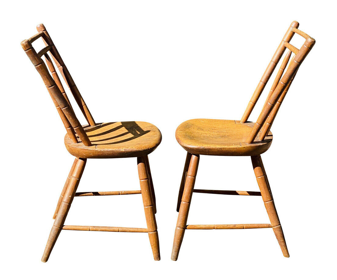 19TH C ANTIQUE SET OF 4 COUNTRY PRIMITIVE BAMBOO CARVED BIRD CAGE WINDSOR CHAIRS